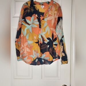 CC Chic Connection  XL Mlticlrd Embroidery Vneck 100%Cotton Lngslv Women Shirt